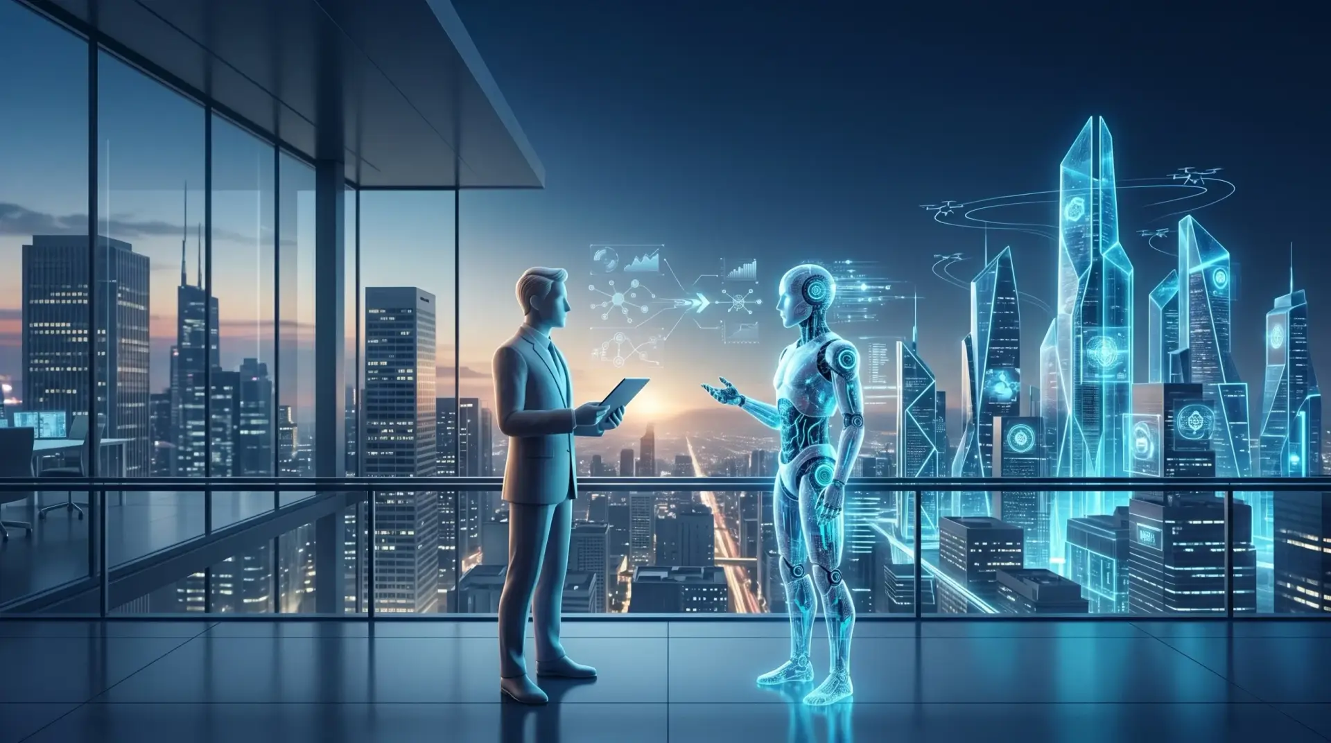 A futuristic city skyline at dusk, where half of the buildings represent traditional workplaces and the other half are sleek, modern structures.