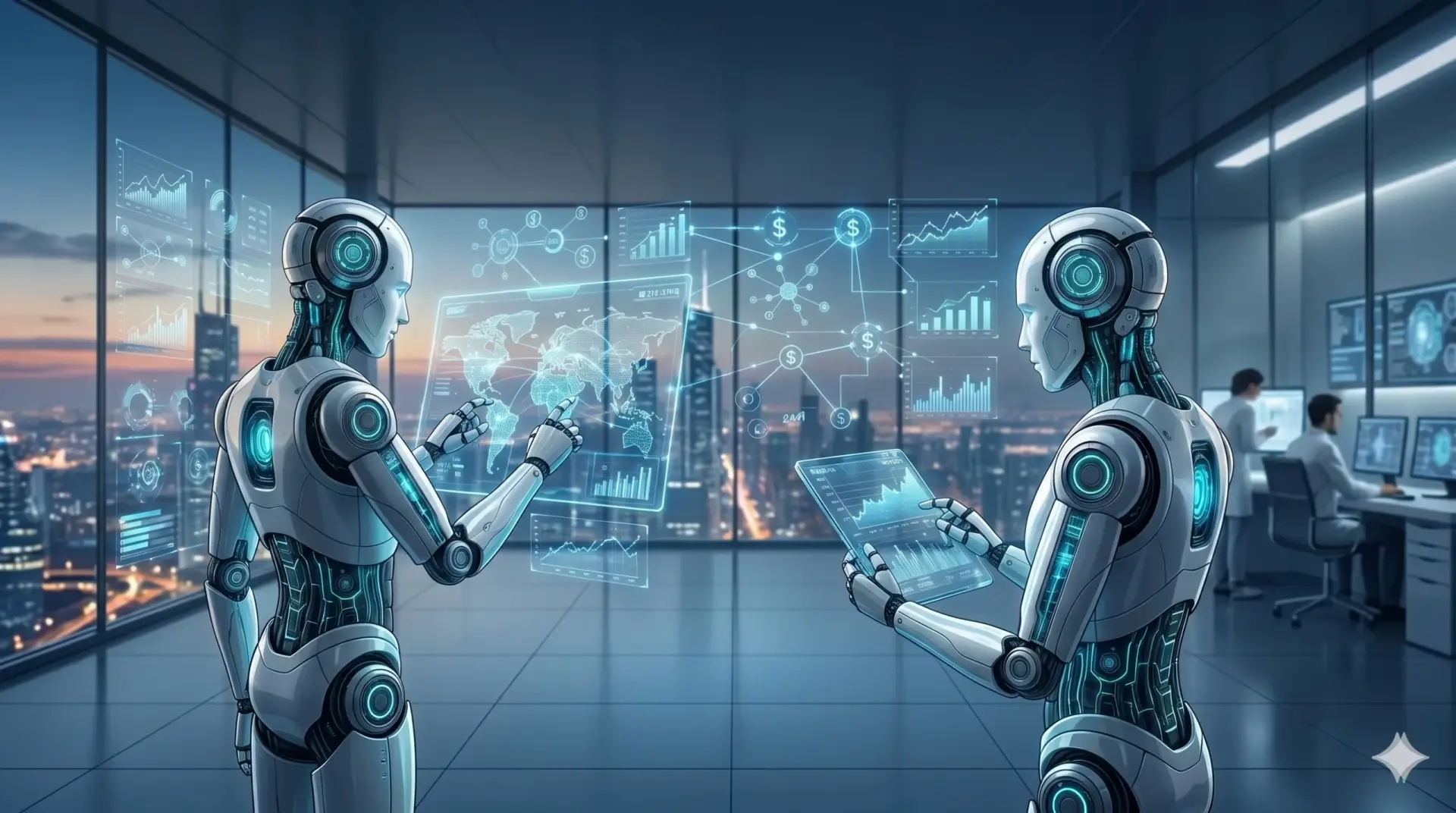 Two stylized figures, one holding a holographic map and the other a transparent tablet.