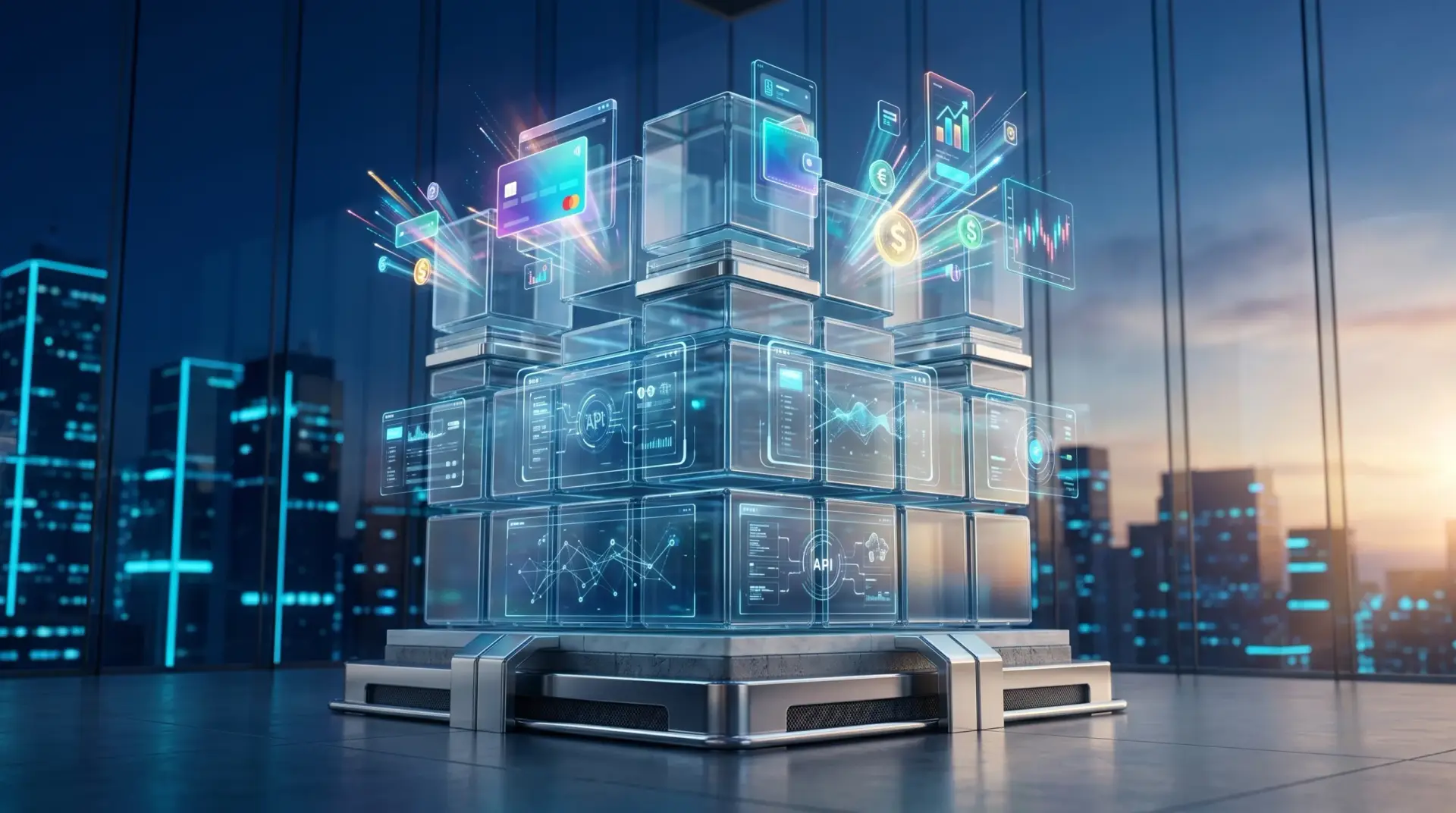 High-tech blocks stacked upon one another, each layer representing different components of the BaaS model.