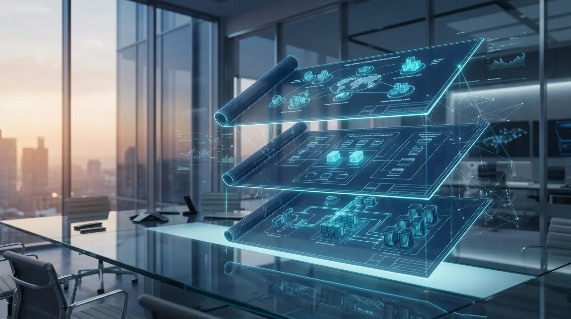 A stylized architectural blueprint unfurling on a glass table.