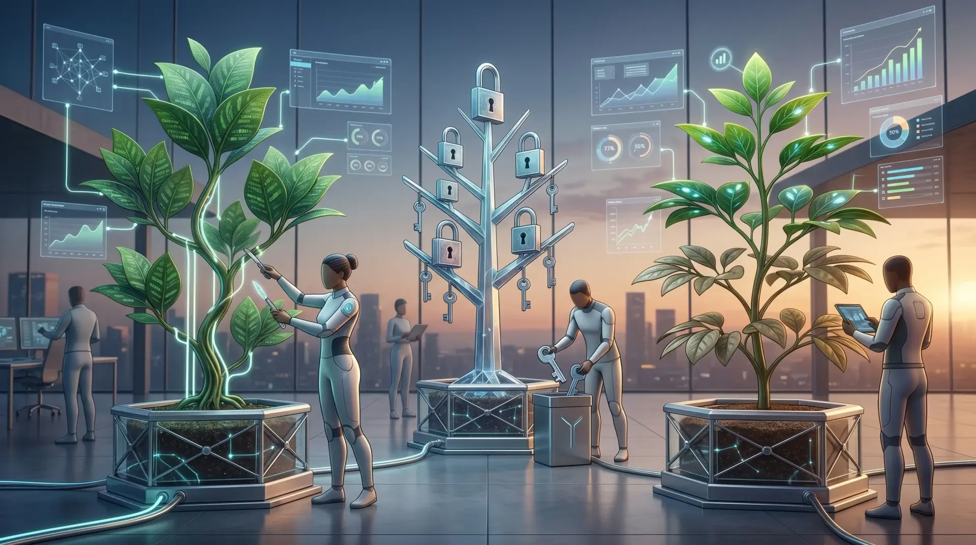 A thriving garden where each plant symbolizes a different software business model.