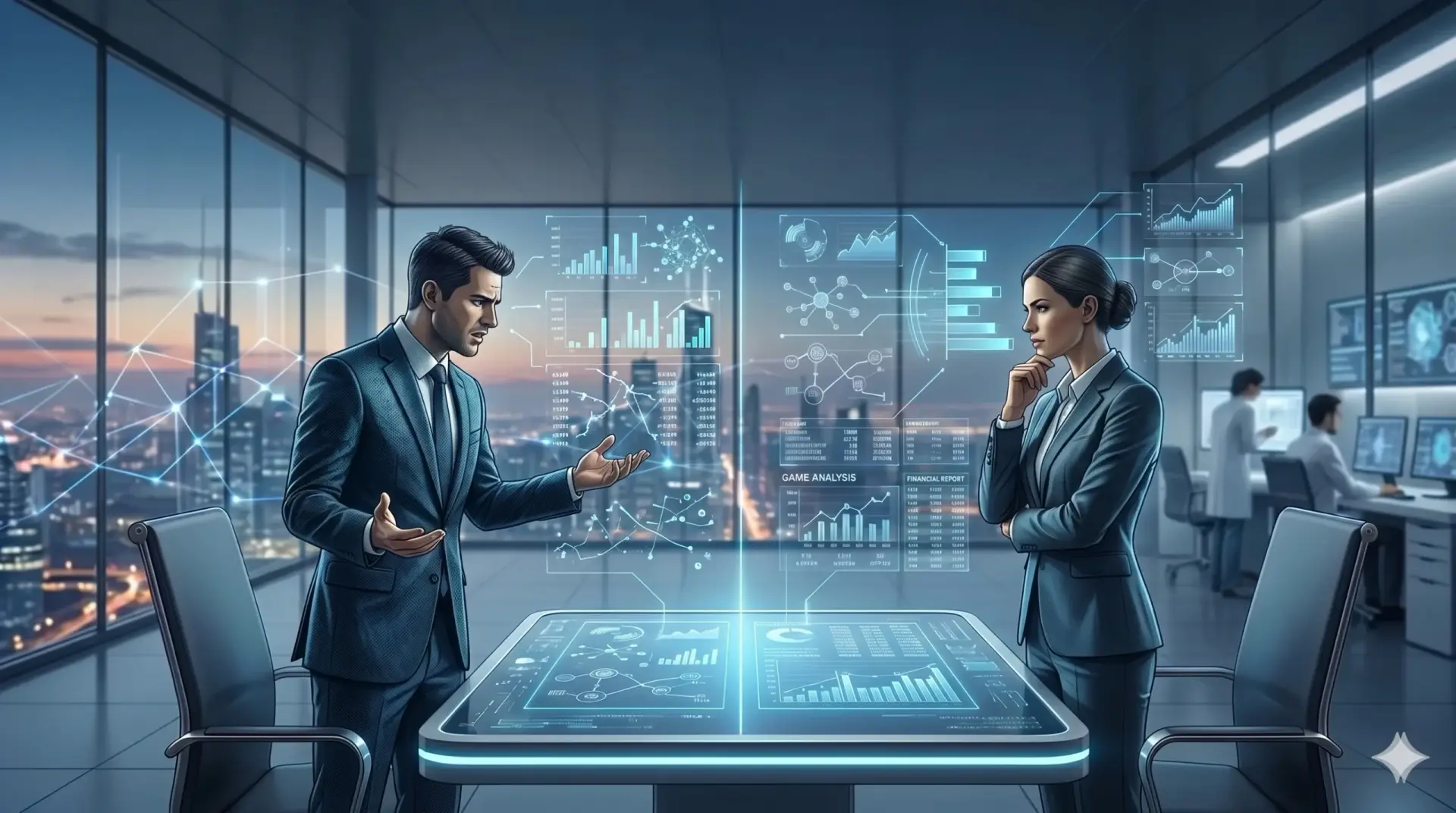 Business discussion with digital data visuals.