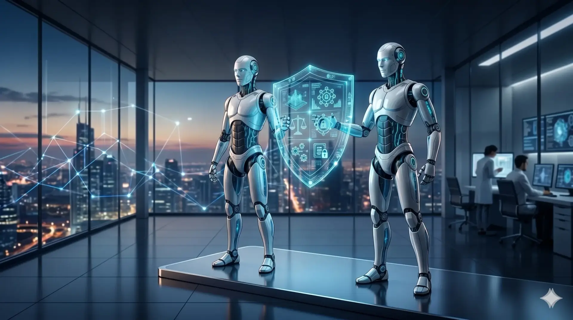 Robots protecting data in futuristic setting.