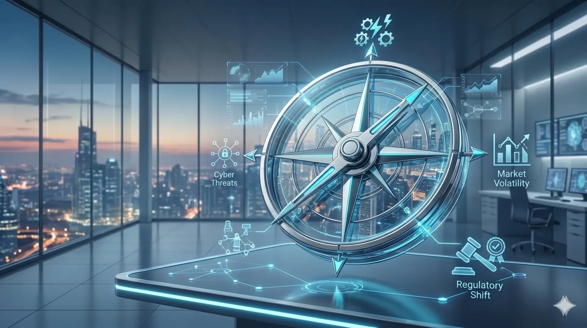 Futuristic compass in urban office