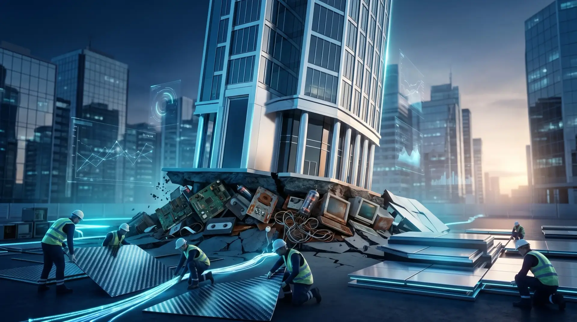 Building collapsing with workers repairing technology.