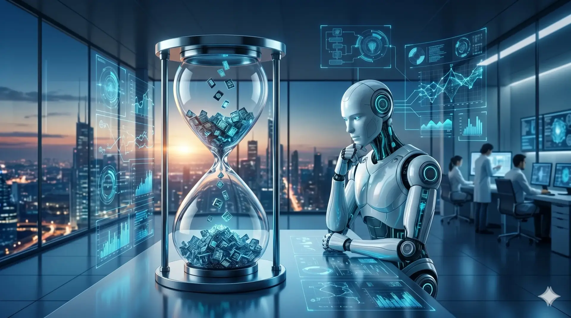 Robot contemplating data in futuristic office.