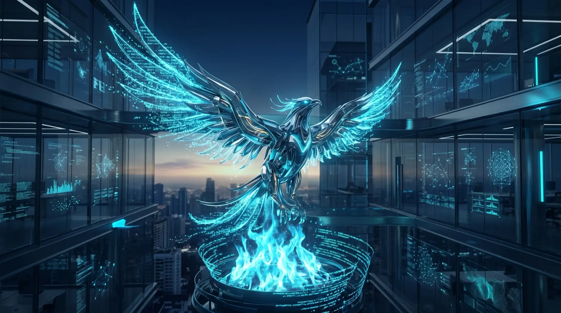 Futuristic phoenix rising in urban setting.